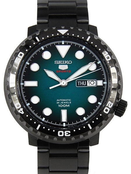 Seiko 5 Sports Bottle Cap Automatico Uomo 45 mm Acciaio Gunmetal Quadrante Turchese Lunetta Girevole Unidirezionale Nera Vetro Hardlex Giorno e Data Bracciale Acciaio Nero 100 m Ref. SRPC65K1 Oasi Watch