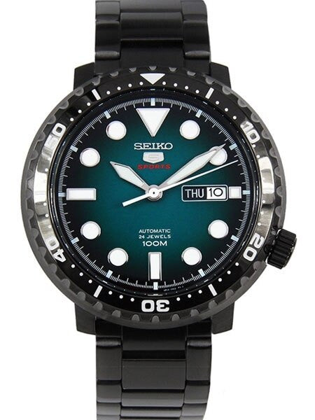 Seiko 5 Sports Bottle Cap Automatico Uomo 45 mm Acciaio Gunmetal Quadrante Turchese Lunetta Girevole Unidirezionale Nera Vetro Hardlex Giorno e Data Bracciale Acciaio Nero 100 m Ref. SRPC65K1 Oasi Watch