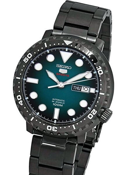 Seiko 5 Sports Bottle Cap Automatico Uomo 45 mm Acciaio Gunmetal Quadrante Turchese Lunetta Girevole Unidirezionale Nera Vetro Hardlex Giorno e Data Bracciale Acciaio Nero 100 m Ref. SRPC65K1 Oasi Watch