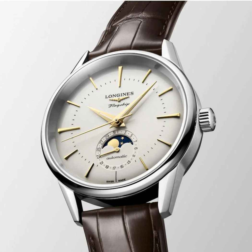 Orologio automatico Flagship Heritage con cassa argento in acciaio, fasi lunari e cinturino in pelle