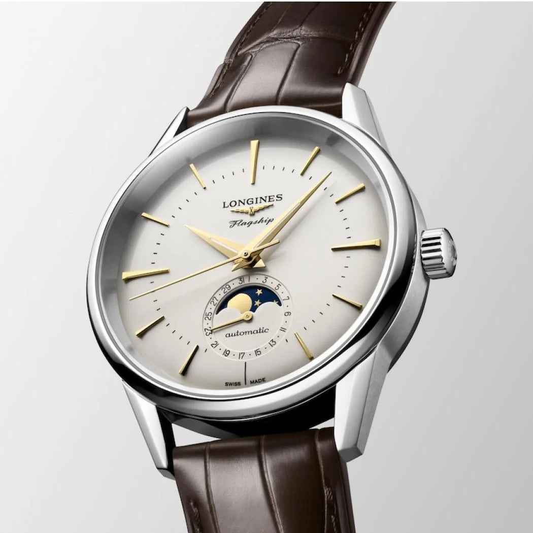 Orologio automatico Flagship Heritage con cassa argento in acciaio, fasi lunari e cinturino in pelle