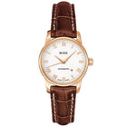 MIDO Baroncelli Tradition Automatico Donna 29 mm Acciaio PVD Oro Rosa Quadrante Bianco Numeri Romani Vetro Zaffiro Data ETA 2671 Pelle Marrone 50 m Swiss Made Ref. M7600.3.26.8