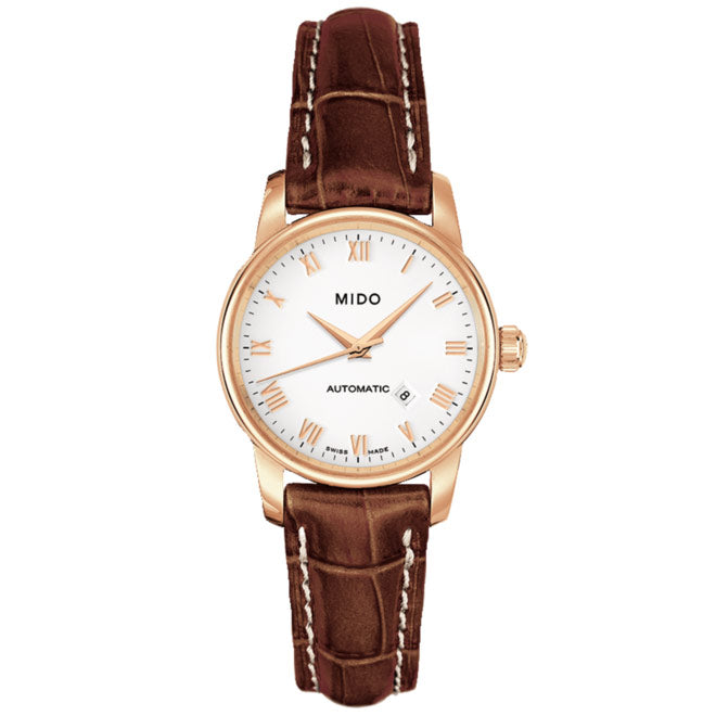 MIDO Baroncelli Tradition Automatico Donna 29 mm Acciaio PVD Oro Rosa Quadrante Bianco Numeri Romani Vetro Zaffiro Data ETA 2671 Pelle Marrone 50 m Swiss Made Ref. M7600.3.26.8