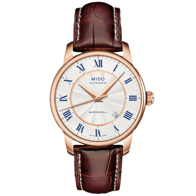 MIDO Baroncelli Tradition Automatico Uomo 38 mm Acciaio PVD Oro Rosa Quadrante Argento Numeri Romani Blu Vetro Zaffiro Antiriflesso Data Caliber 80 Pelle Marrone 50 m Swiss Made Ref. M8600.2.21.8