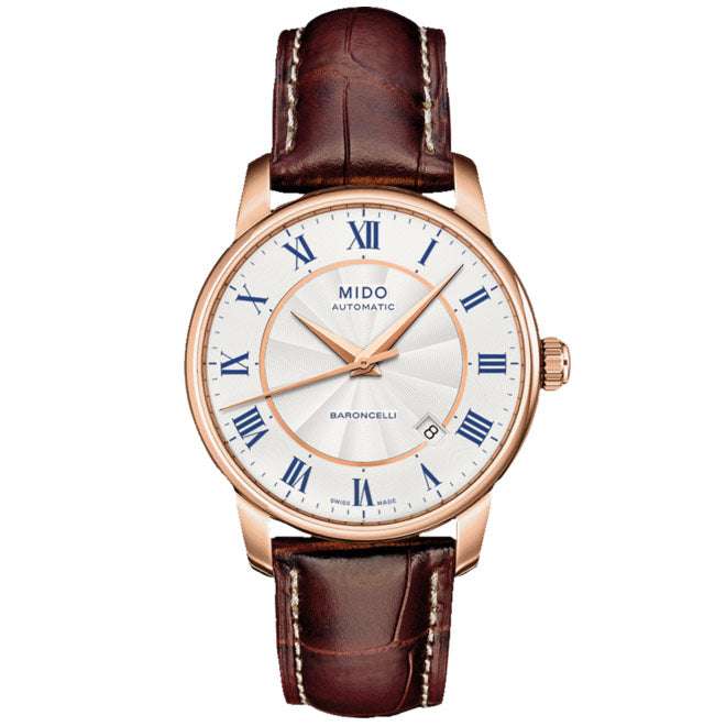 MIDO Baroncelli Tradition Automatico Uomo 38 mm Acciaio PVD Oro Rosa Quadrante Argento Numeri Romani Blu Vetro Zaffiro Antiriflesso Data Caliber 80 Pelle Marrone 50 m Swiss Made Ref. M8600.2.21.8