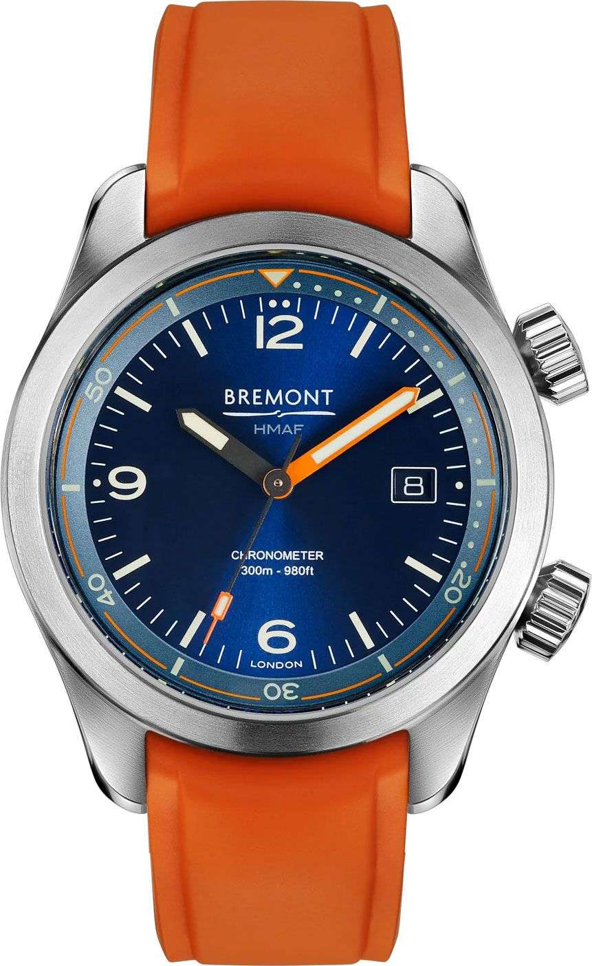 Orologio subacqueo da uomo: quadrante blu, cassa acciaio e cinturino arancione in caucciù