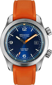 Orologio subacqueo da uomo: quadrante blu, cassa acciaio e cinturino arancione in caucciù