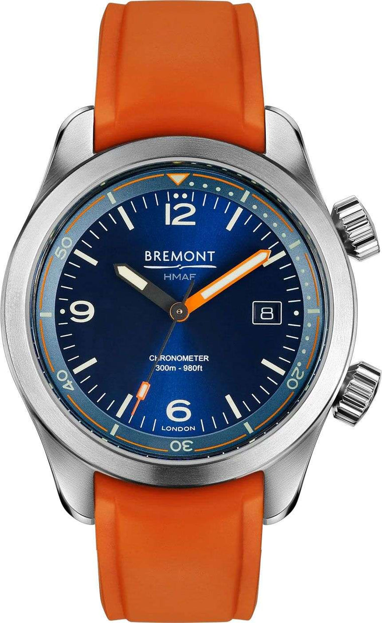 Bremont Argonaut Azure Automatico Uomo 42 mm Acciaio Temprato Quadrante Blu Lunetta Interna Vetro Zaffiro Cronometro BE-92AV Caucciù Arancione 300 m Ref. ARGONAUT-BL-R-S
