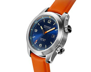 Orologio da uomo con quadrante blu, cassa in acciaio e cinturino arancione in caucciù