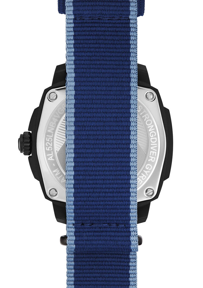 Orologio subacqueo uomo, cassa nera con dettagli laterali e cinturino NATO blu