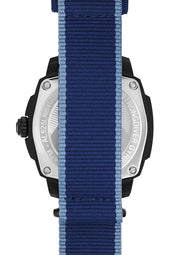 Orologio subacqueo uomo, cassa nera con dettagli laterali e cinturino NATO blu