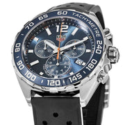 Orologio cronografo TAG Heuer con quadrante blu e lunetta tachimetrica, bracciale caucciù nero