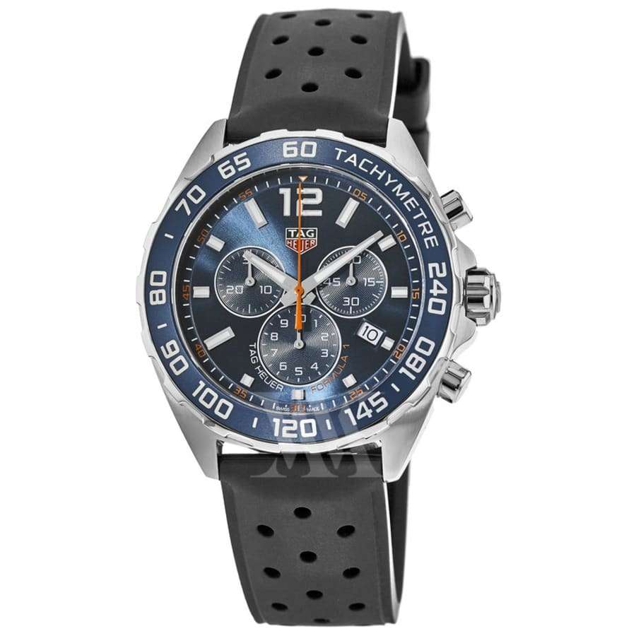 Orologio cronografo TAG Heuer con cassa acciaio e quadrante blu, cinturino caucciù nero