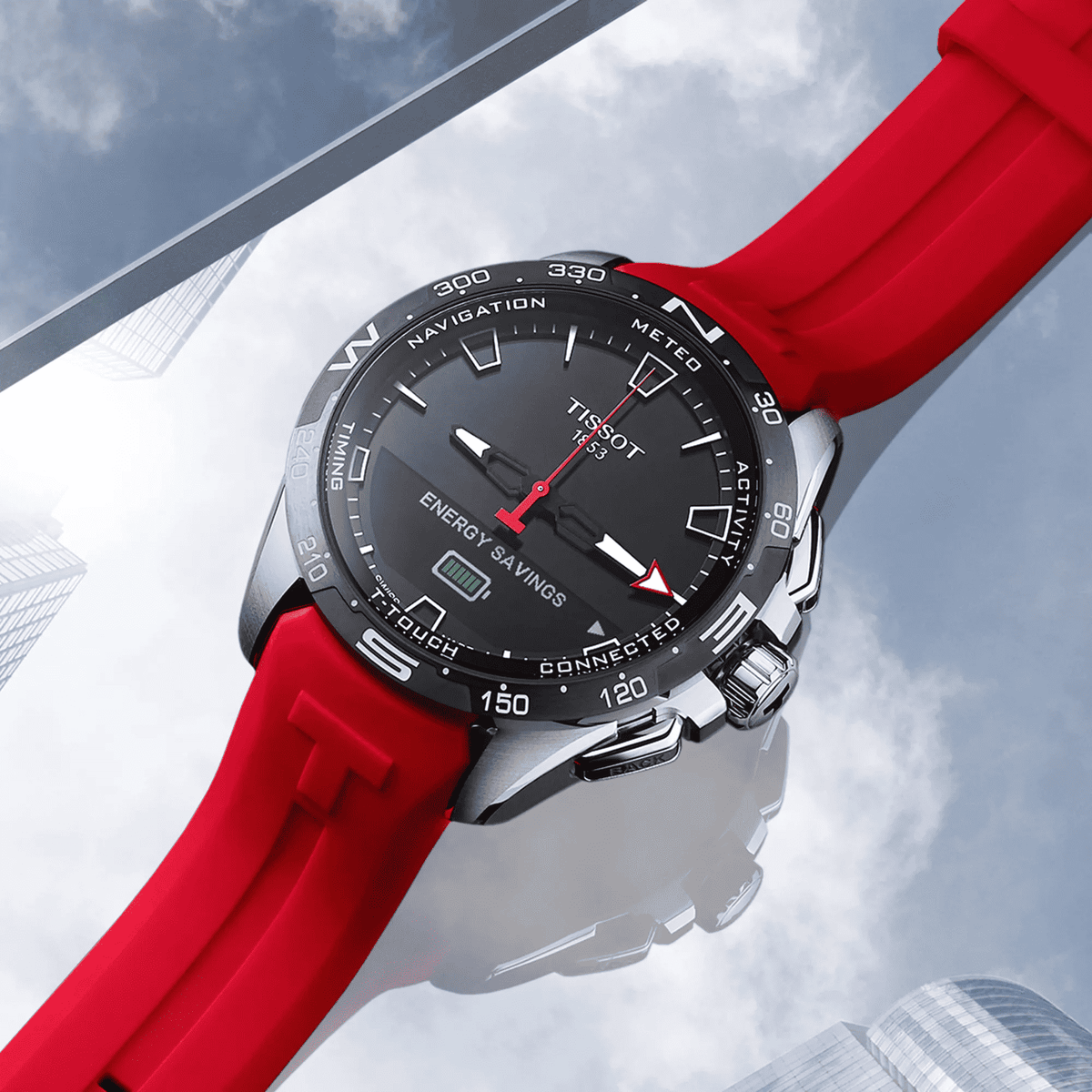 Orologio Tissot con cinturino rosso e quadrante nero Energy Savings e T-Touch