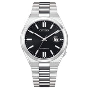 Orologio Citizen automatico con quadrante nero, vetro zaffiro e bracciale in acciaio.