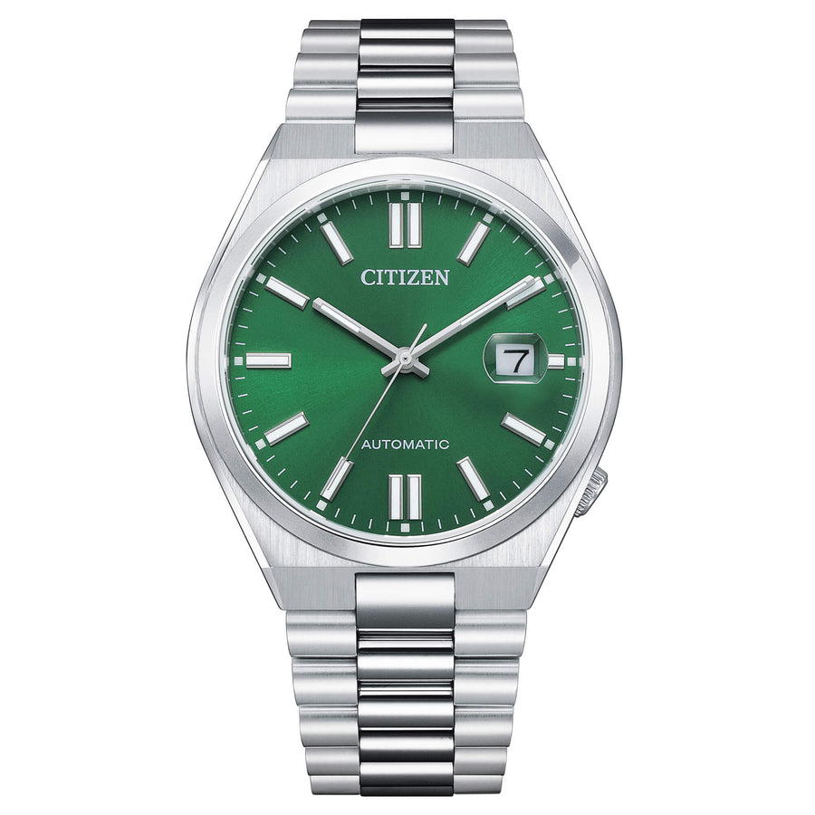 Citizen Tsuyosa Automatico Uomo 40 mm Acciaio Quadrante Verde Soleil Vetro Zaffiro Lente Data Calibro 8210 Bracciale Acciaio 50 m Ref. NJ0150-81X