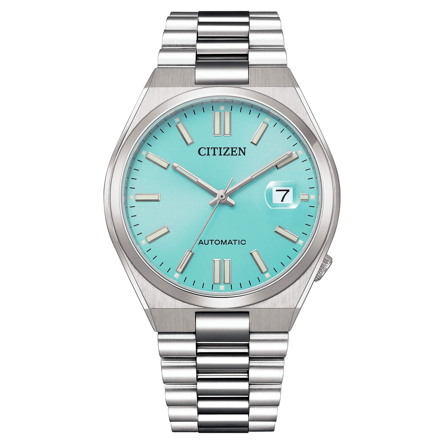 Citizen Tsuyosa Automatico Uomo 40 mm Acciaio Quadrante Turchese Azzurro Soleil Vetro Zaffiro Lente Data Calibro 8210 Bracciale Acciaio 50 m Ref. NJ0151-88M