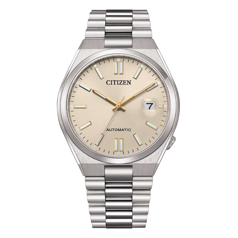 Citizen Tsuyosa Automatico Uomo 40 mm Acciaio Quadrante Beige Champagne Vetro Zaffiro Lente Data Calibro 8210 Bracciale Acciaio 50 m Ref. NJ0151-88W