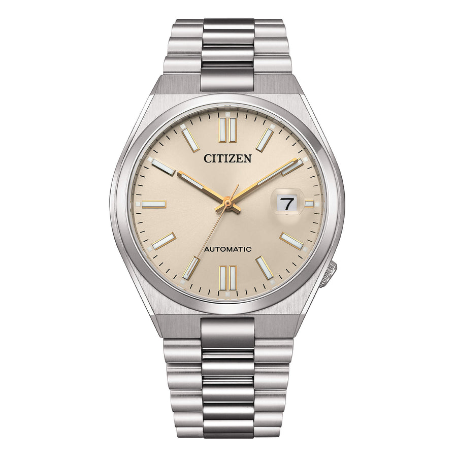 Citizen Tsuyosa Automatico Uomo 40 mm Acciaio Quadrante Beige Champagne Vetro Zaffiro Lente Data Calibro 8210 Bracciale Acciaio 50 m Ref. NJ0151-88W