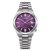 Orologio automatico unisex con quadrante viola e datario, bracciale in acciaio