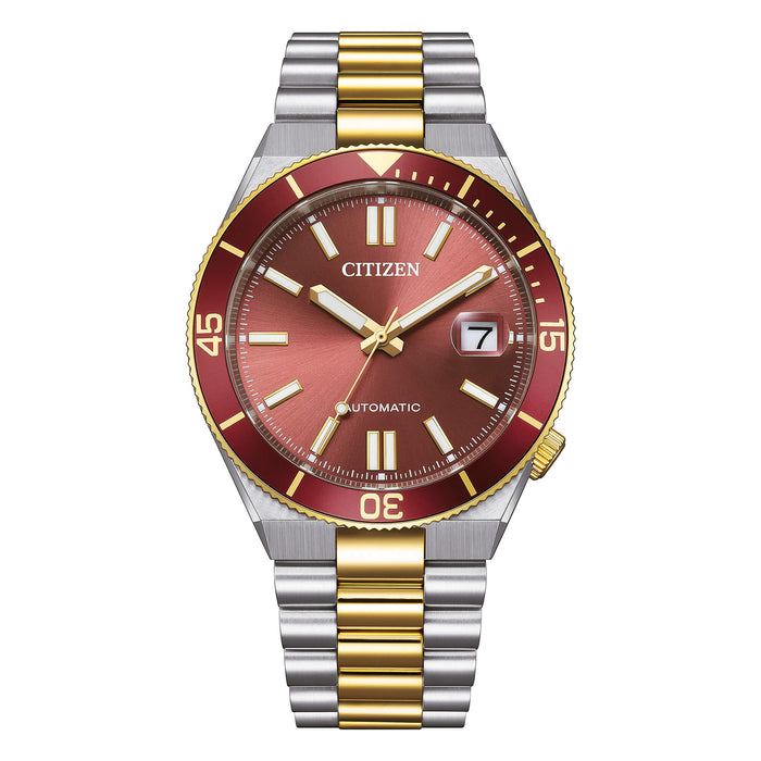 Citizen Tsuyosa Shore Automatico Uomo 40 mm Acciaio Bicolore Oro Quadrante Rosso Lunetta Girevole Vetro Zaffiro Data Calibro 8210 Bracciale Acciaio Oro 100 m Ref. NJ0234-58X