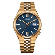 Orologio automatico Citizen con quadrante blu e datario, bracciale in acciaio oro rosa.