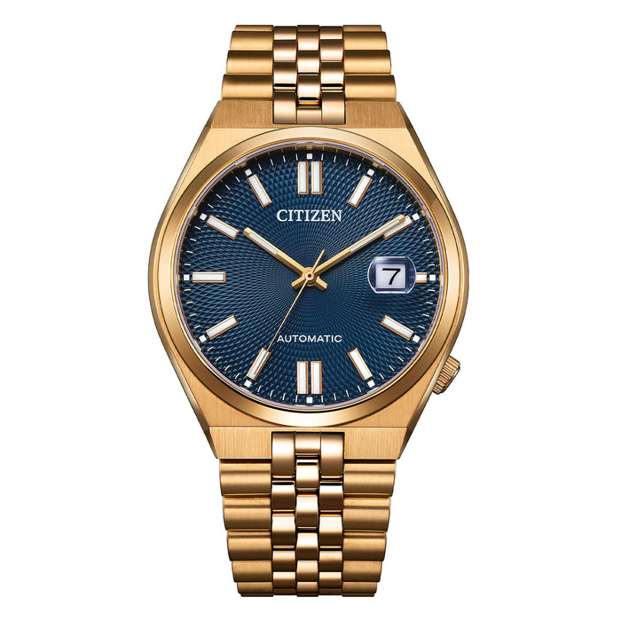 Citizen Tsuyosa 60 Automatico Uomo 40 mm Acciaio Oro Rosa Quadrante Blu Soleil Vetro Zaffiro Data Calibro 8310 60 Ore Bracciale Acciaio Oro Rosa 50 m Ref. NK0023-57L