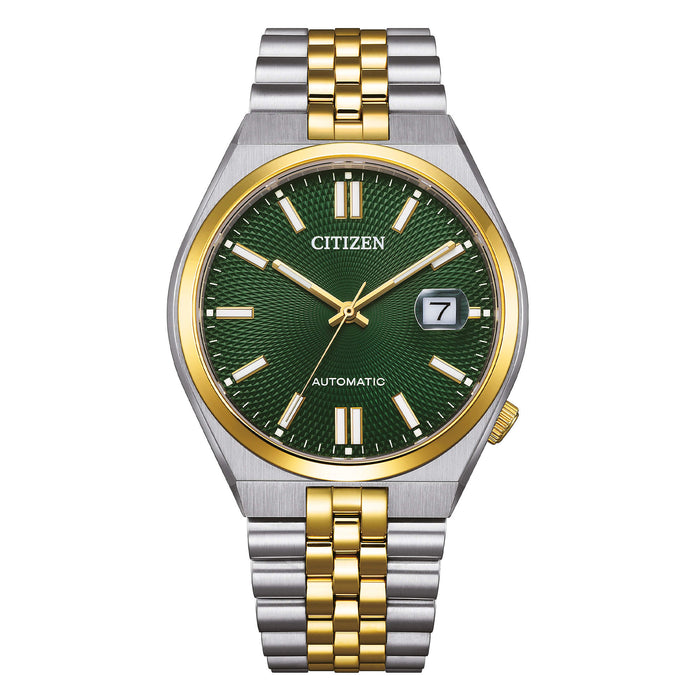 Citizen Tsuyosa 60 Automatico Uomo 40 mm Acciaio Bicolore Oro Quadrante Verde Soleil Vetro Zaffiro Data Calibro 8310 60 Ore Bracciale Acciaio Oro 50 m Ref. NK0024-54X