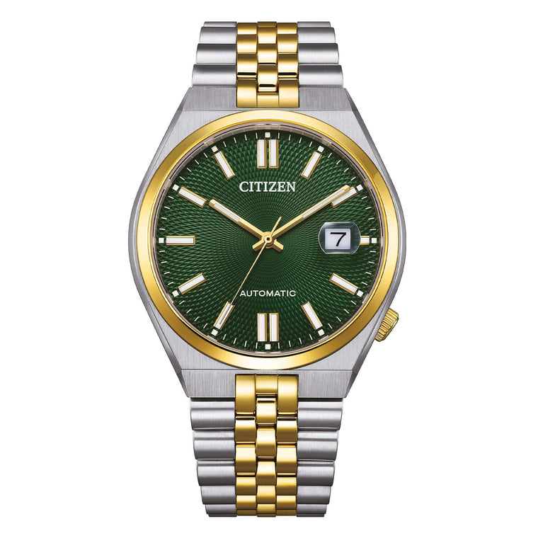 Citizen Tsuyosa 60 Automatico Uomo 40 mm Acciaio Bicolore Oro Quadrante Verde Soleil Vetro Zaffiro Data Calibro 8310 60 Ore Bracciale Acciaio Oro 50 m Ref. NK0024-54X