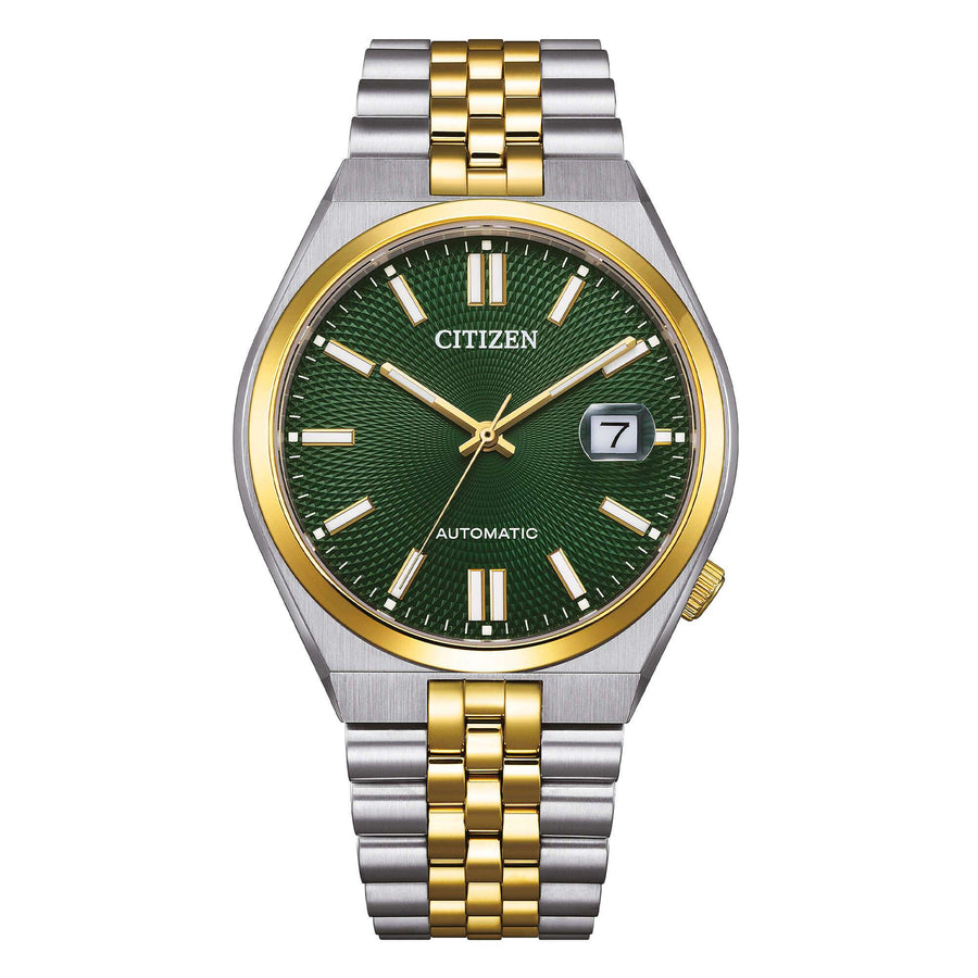 Citizen Tsuyosa 60 Automatico Uomo 40 mm Acciaio Bicolore Oro Quadrante Verde Soleil Vetro Zaffiro Data Calibro 8310 60 Ore Bracciale Acciaio Oro 50 m Ref. NK0024-54X