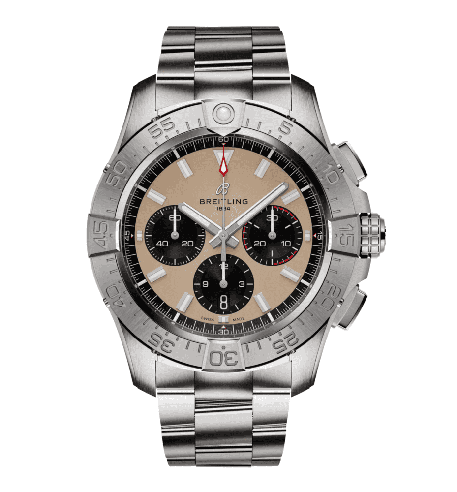 Orologio Breitling con quadrante beige, contatori neri e bracciale in acciaio