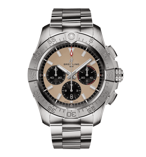 Orologio Breitling con quadrante beige, contatori neri e bracciale in acciaio