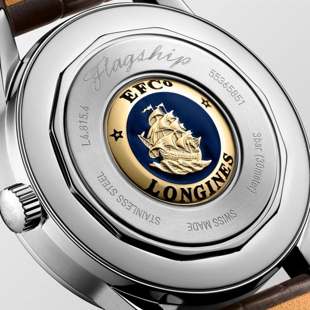 Orologio automatico con fondello argento, medaglione blu e nave dorata