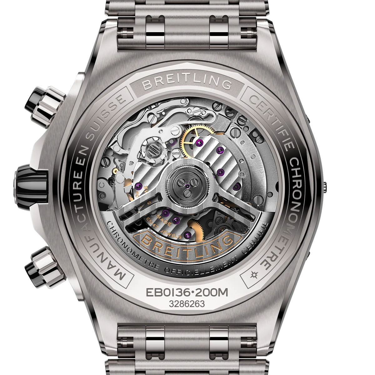Fondello trasparente dell’orologio Breitling in titanio con meccanismo e scritte