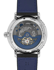 Orologio automatico con fondello blu a vista, quadrante openwork e cinturino nero
