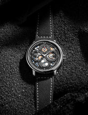Orologio automatico con quadrante grigio openworked e cinturino nero cucito a vista