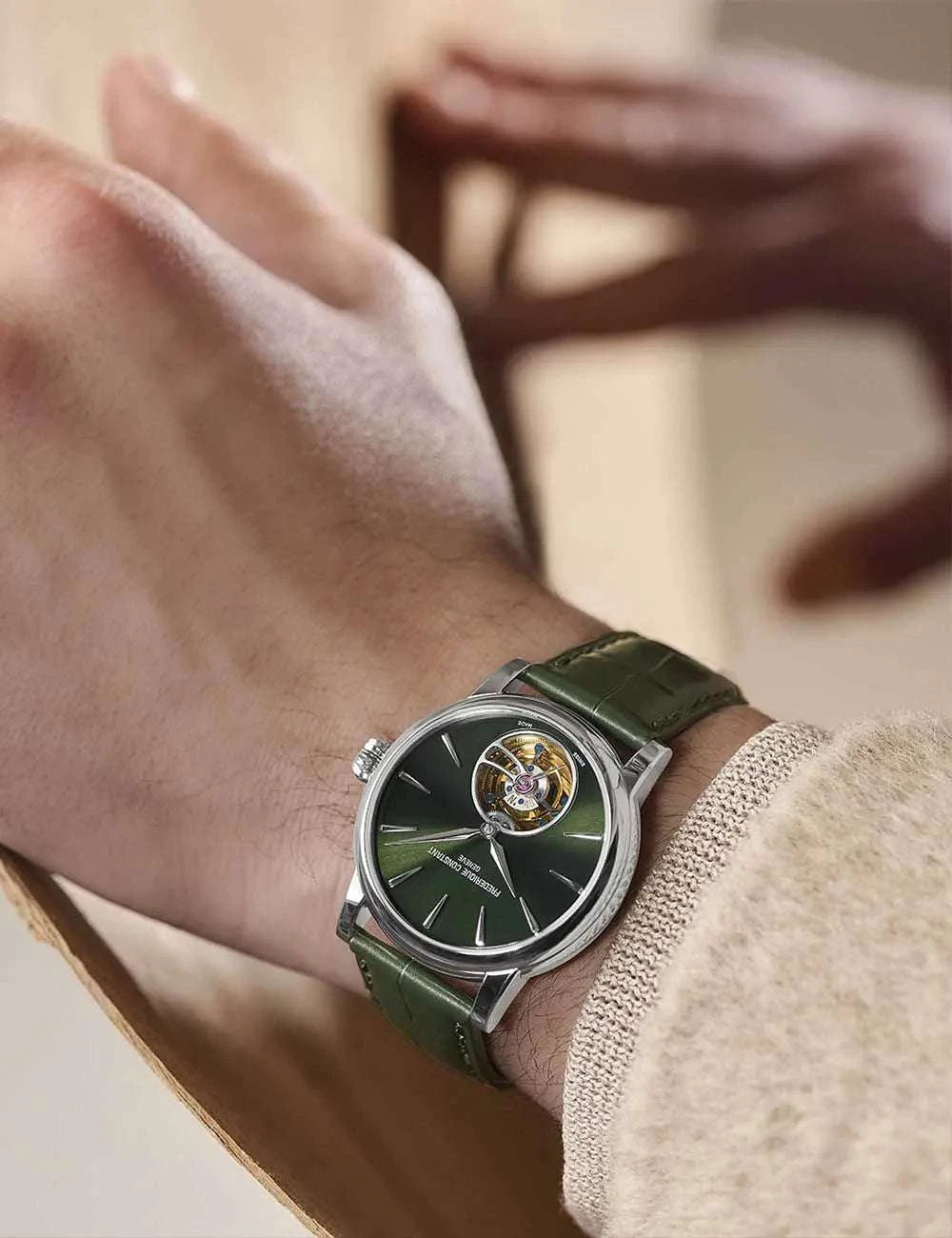 Orologio automatico da uomo con quadrante verde soleil e cinturino in pelle verde