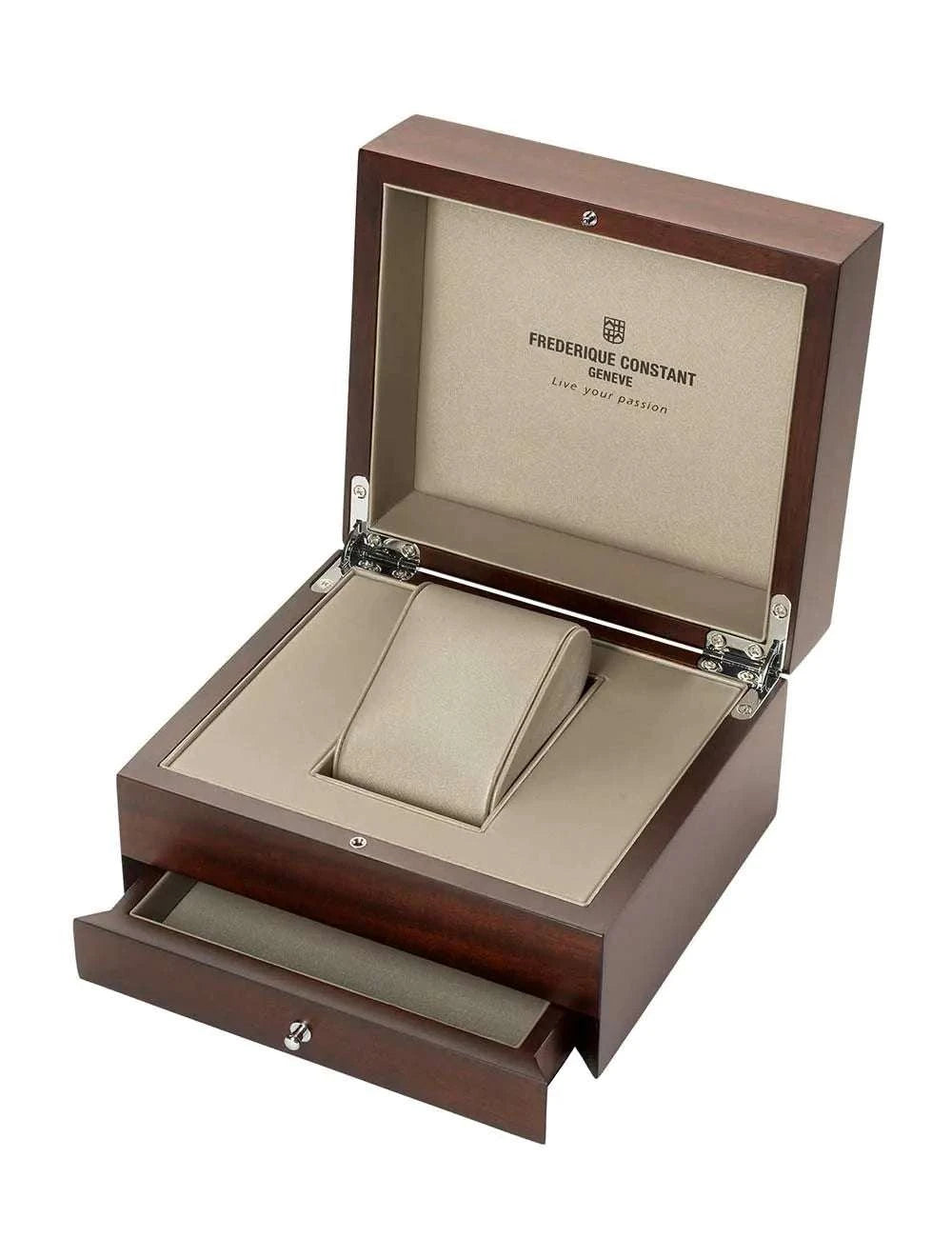 Cofanetto in legno per orologio con scritta Frederique Constant e custodia interna