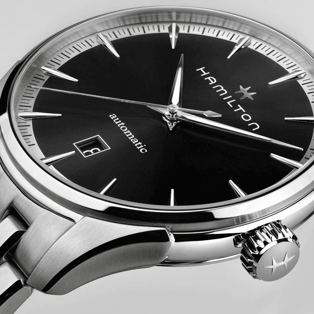 Quadrante nero dell’orologio Hamilton automatico con indici e lancette argentate