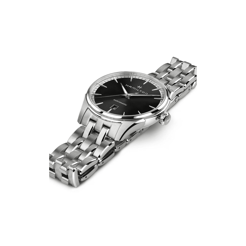 Orologio automatico con quadrante nero e bracciale in acciaio, vista laterale