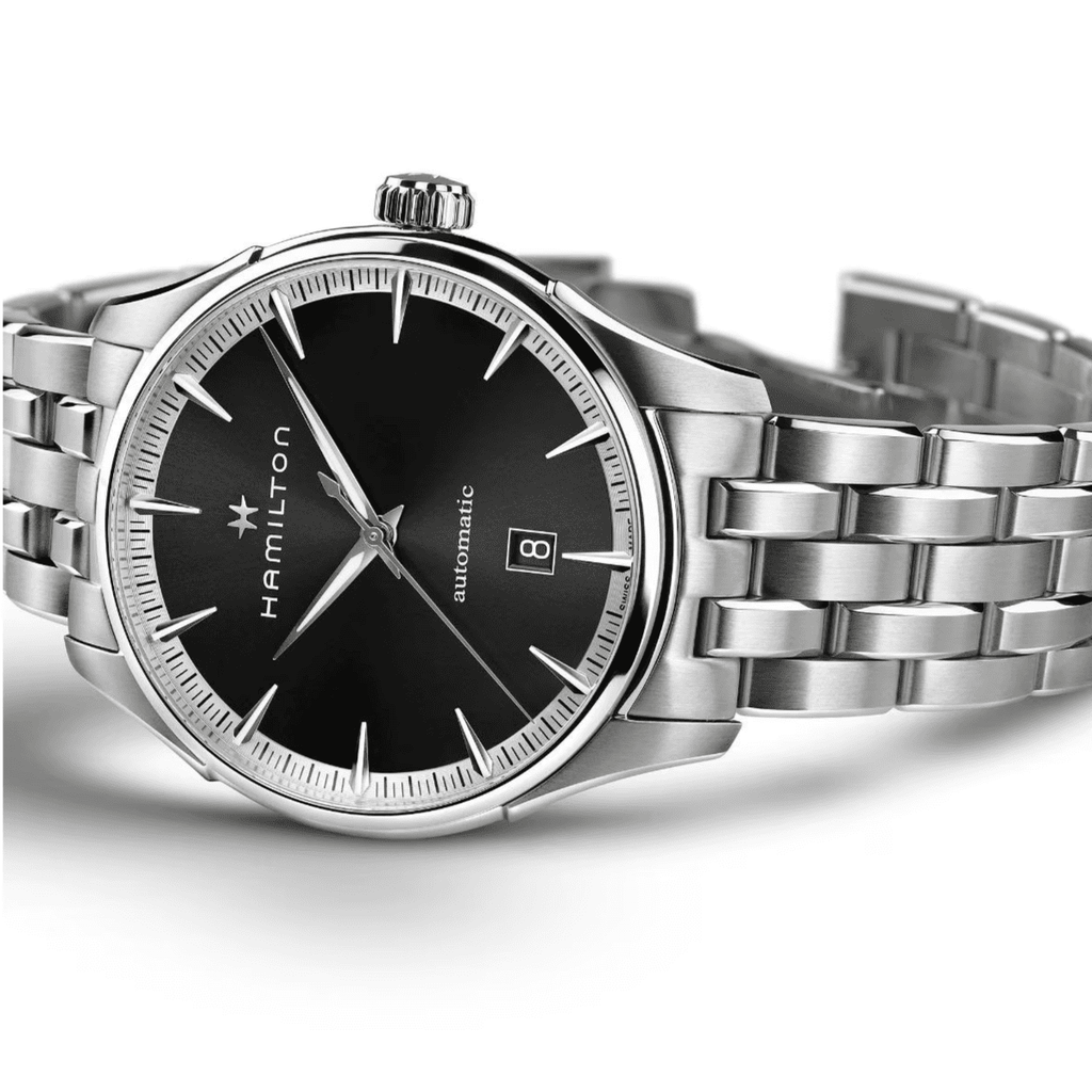 Orologio automatico Hamilton Jazzmaster con cinturino in acciaio e quadrante nero