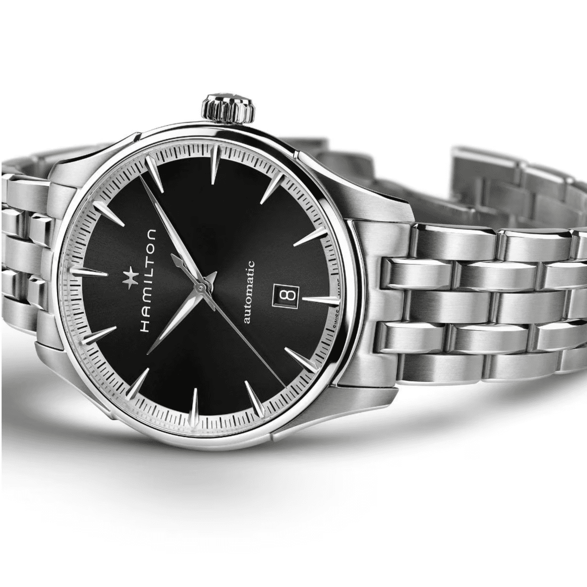 Orologio automatico Hamilton Jazzmaster con cinturino in acciaio e quadrante nero