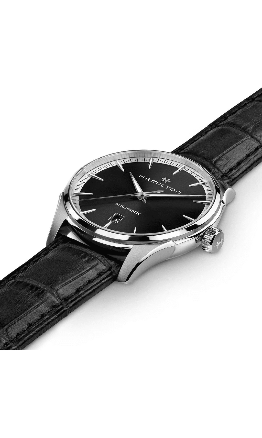 Orologio automatico con quadrante nero e cassa in acciaio, cinturino in pelle nera