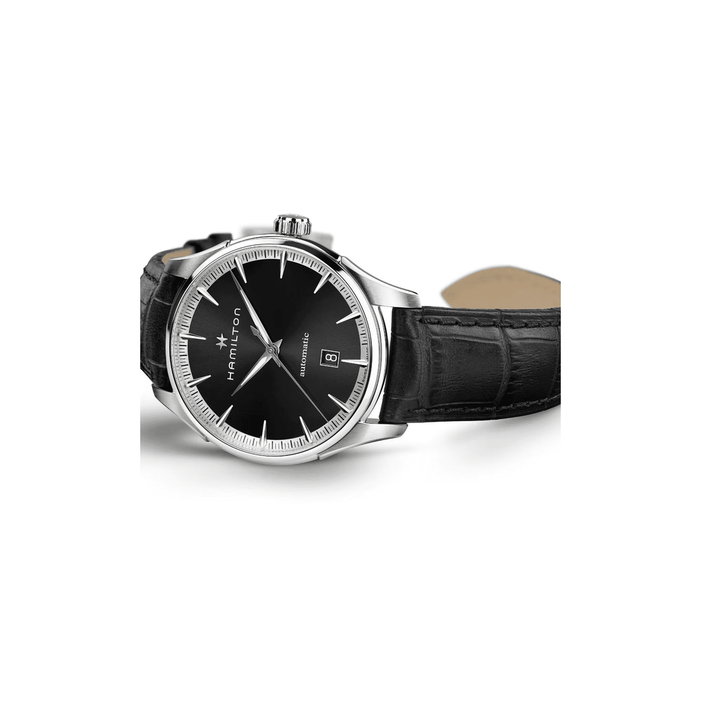 Orologio automatico Hamilton: quadrante nero, cassa acciaio, cinturino in pelle nera