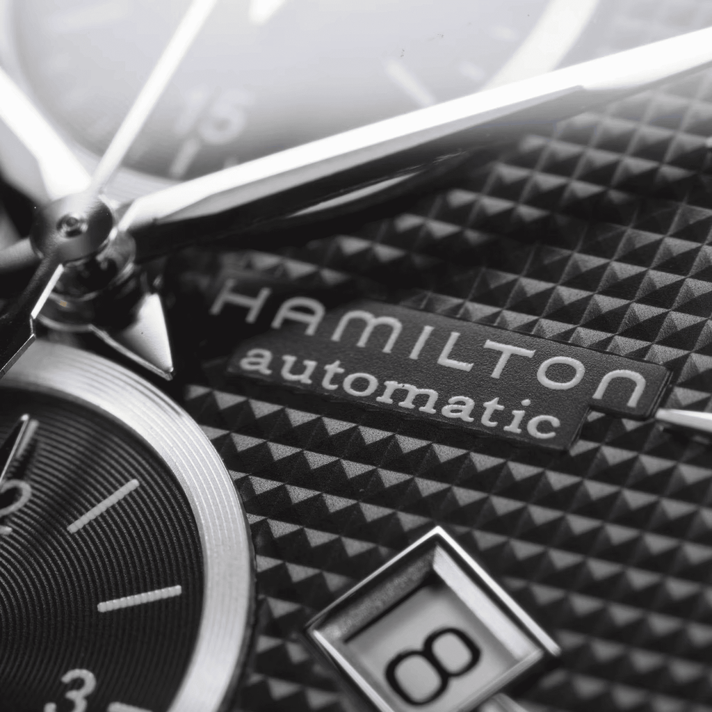 Orologio automatico con quadrante nero testurizzato e scritta Hamilton automatic