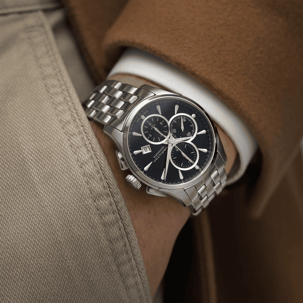 Orologio Hamilton cronografo automatico con quadrante nero e bracciale in acciaio