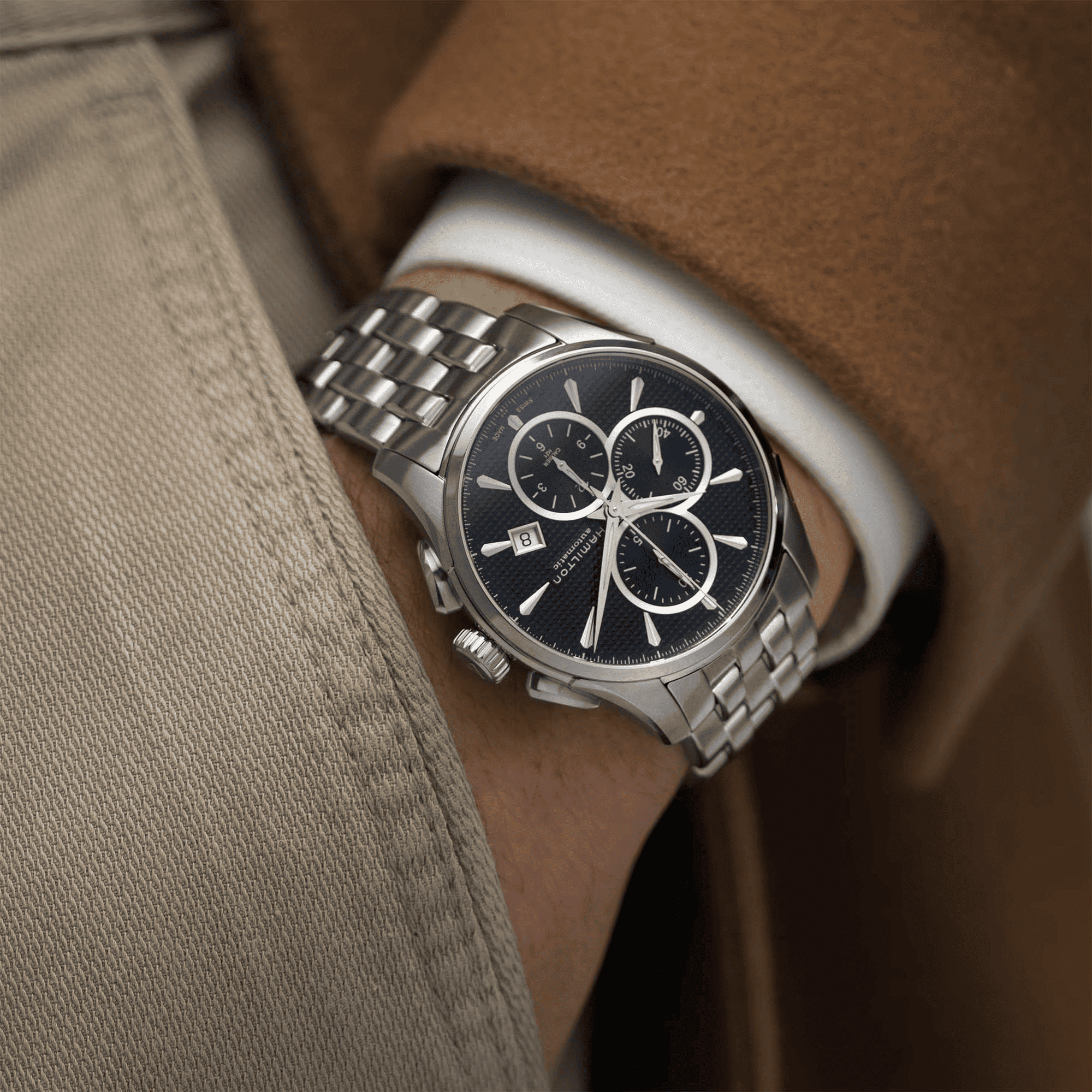 Orologio Hamilton cronografo automatico con quadrante nero e bracciale in acciaio