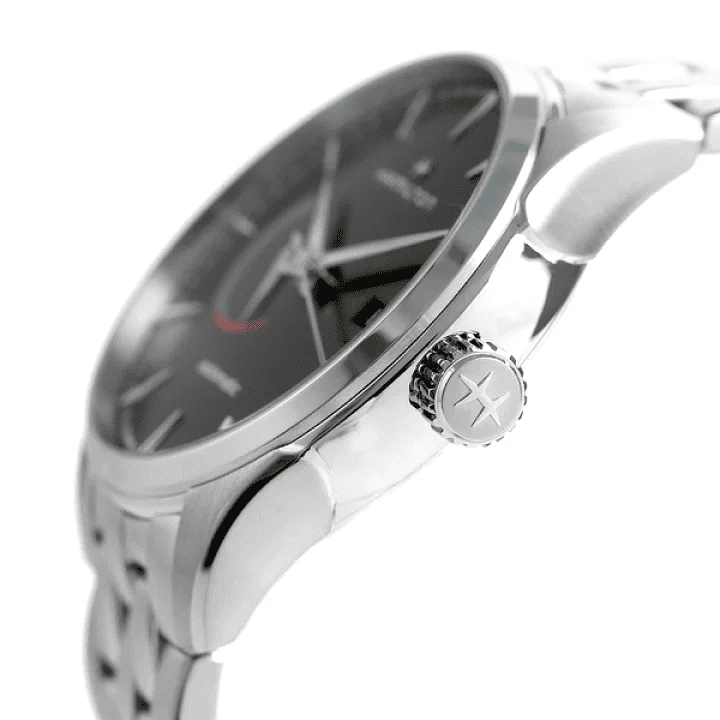 Orologio da polso Hamilton con corona e dettagli laterali, bracciale in acciaio