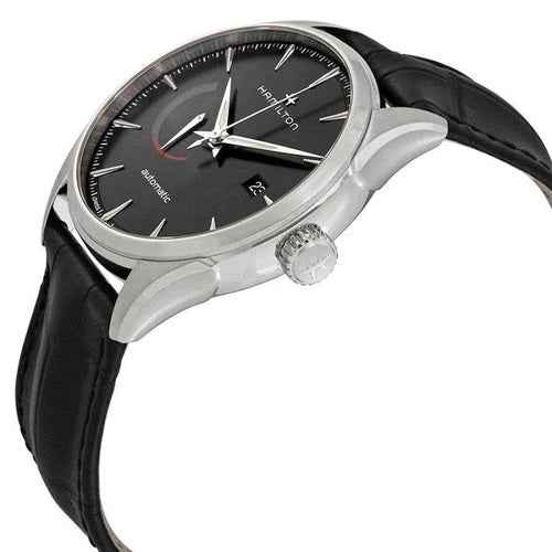 Orologio automatico con quadrante nero e cinturino in pelle nera, cassa in acciaio