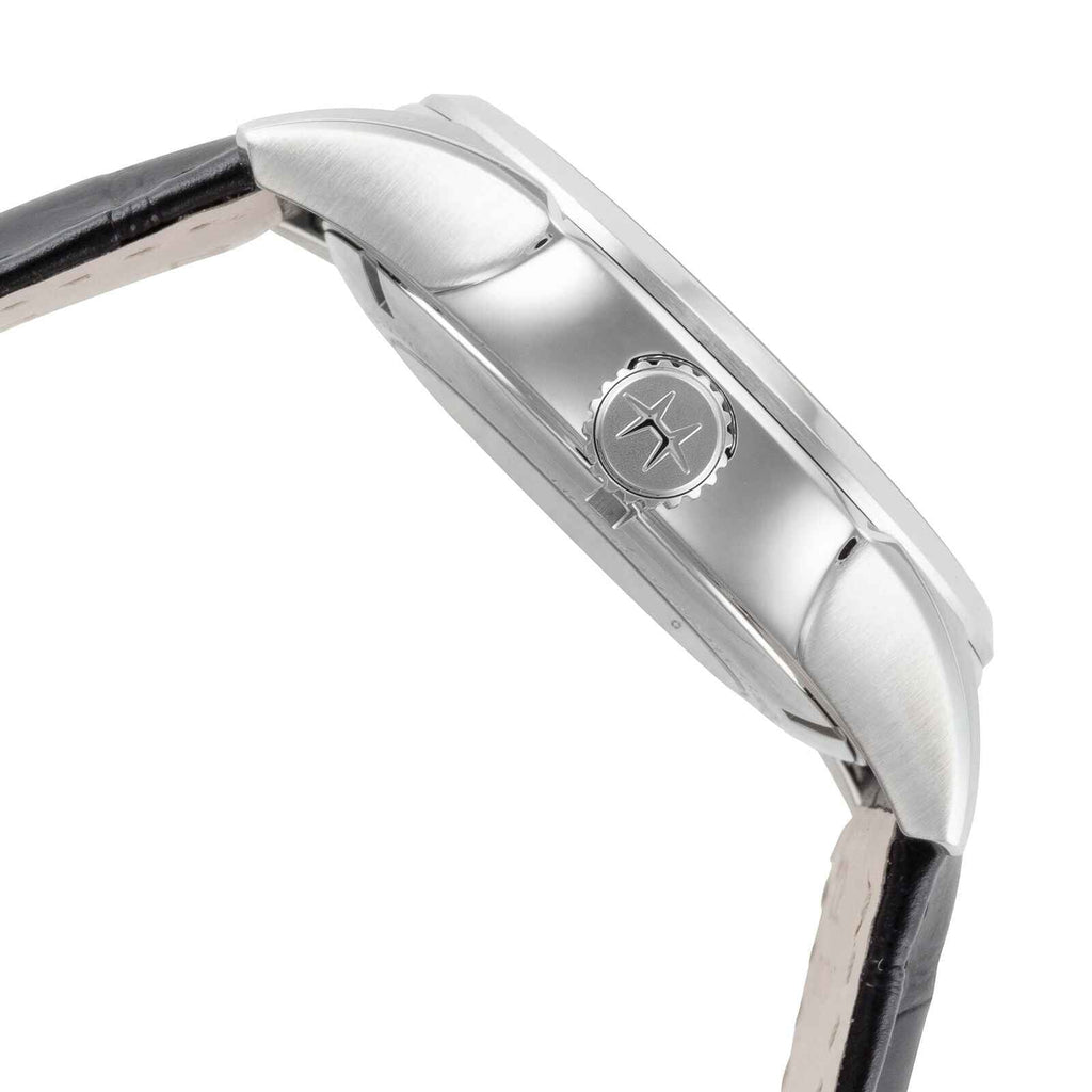 Orologio automatico uomo con cassa in acciaio e cinturino in pelle nera, vista laterale